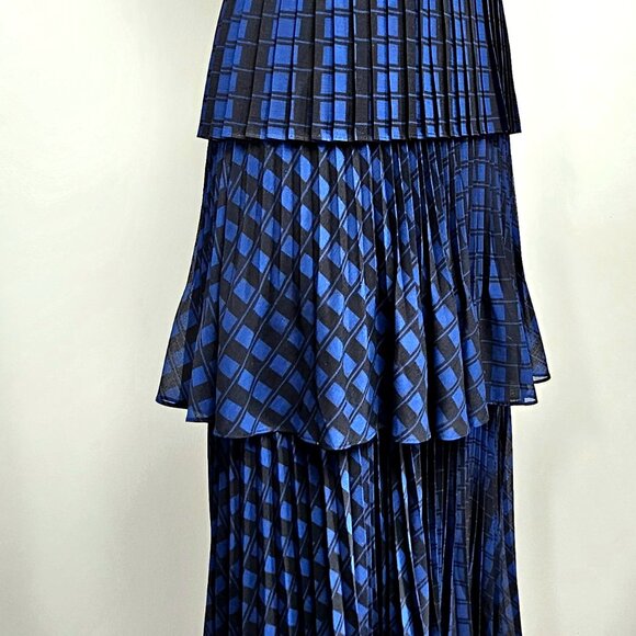 Club Monaco Pleated Tiered Midi Dress Blue Black Check Size 2 - Picture 5 of 10